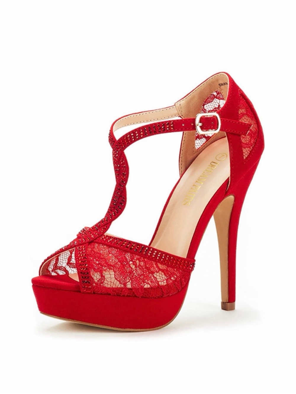 Dream Pairs Red Lace Rhinestone Platform Peep Toe Heels Size 10 - Picture 2 of 6